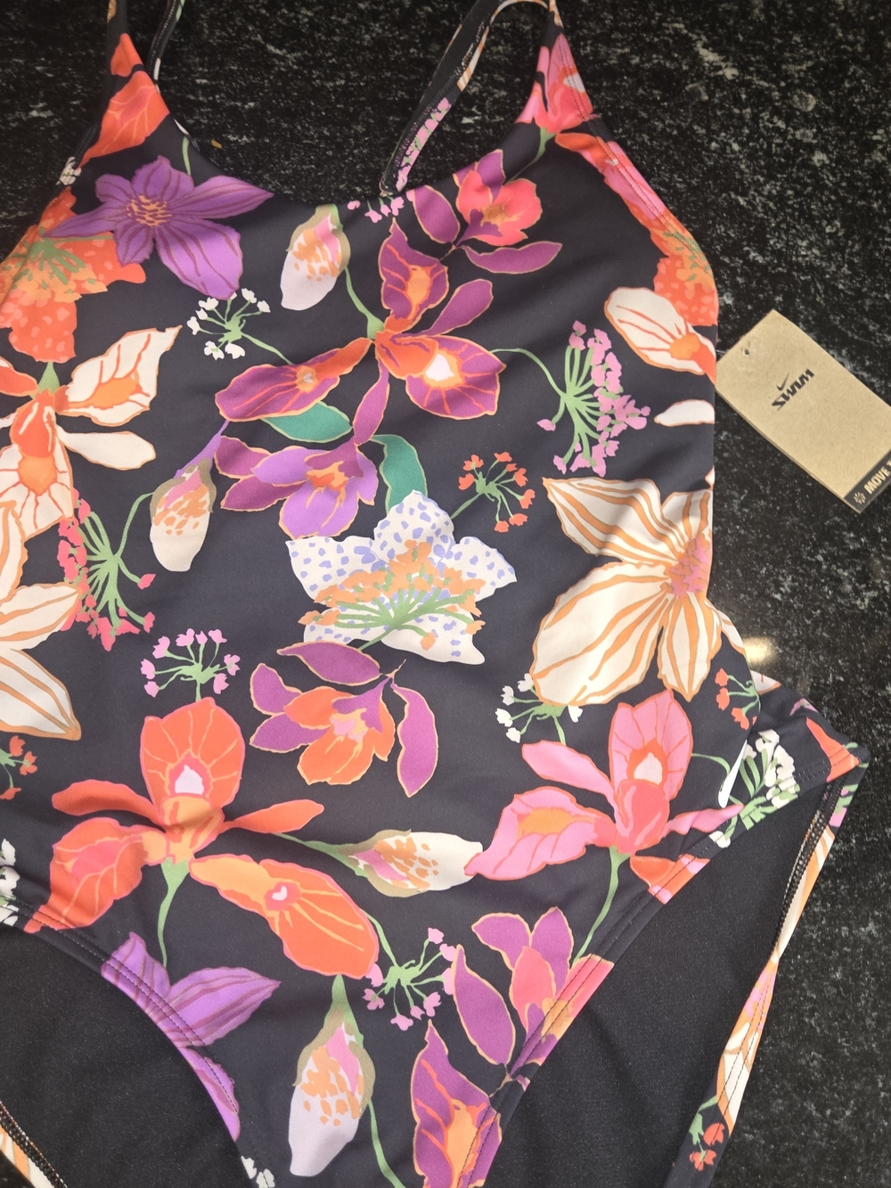 Nike Women's Black Floral One-Piece Swimsuit with Orange, Pink & Purple Flowers - Picture 5 of 8